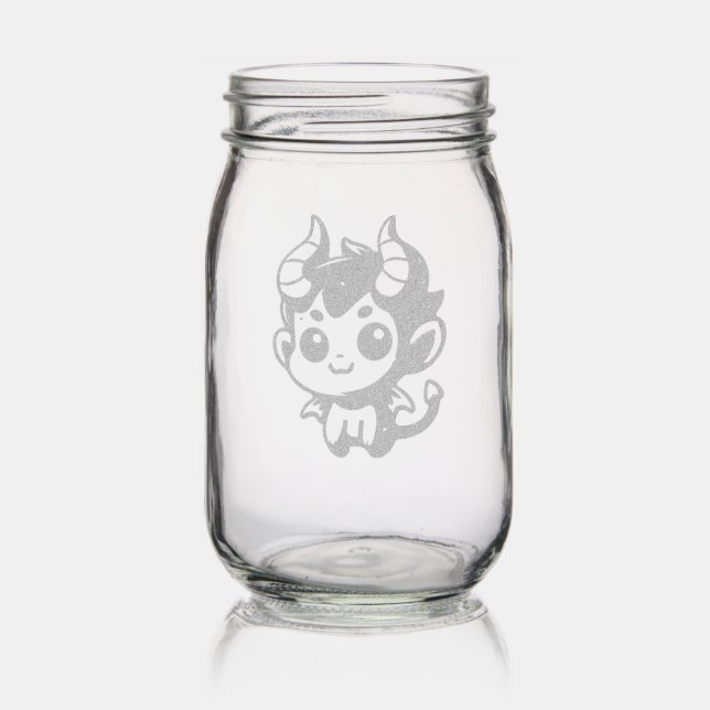 Playful Red Devil - Cartoon, Character, Red, Kawai Mason Jar (Glassware)