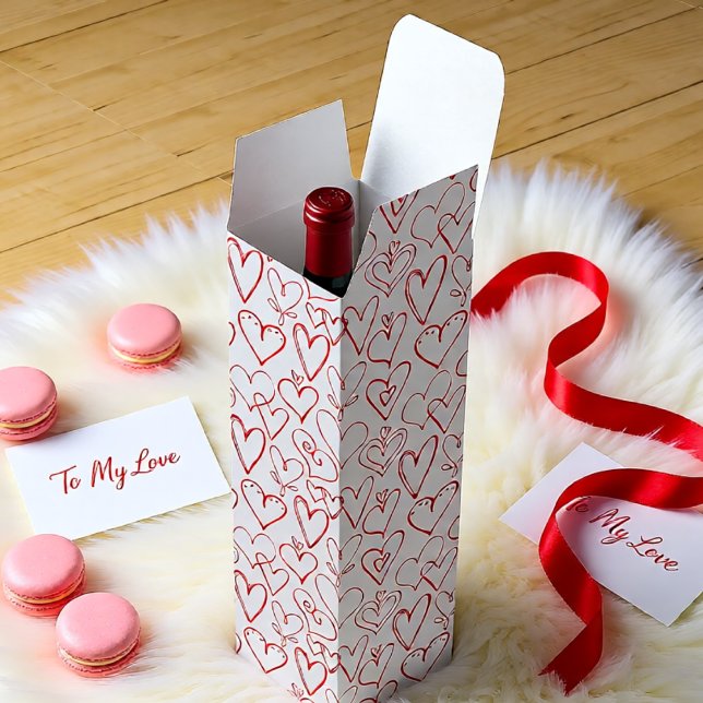 Playful Red Heart Doodle Valentine Pattern Wine Box (Playful Red Heart Doodle Valentine Pattern Wine Box)