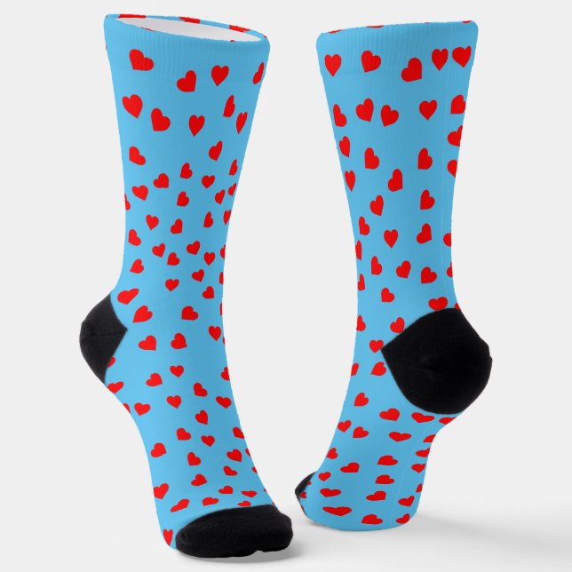 Playful Red Hearts Sky Blue Socks (Angled)