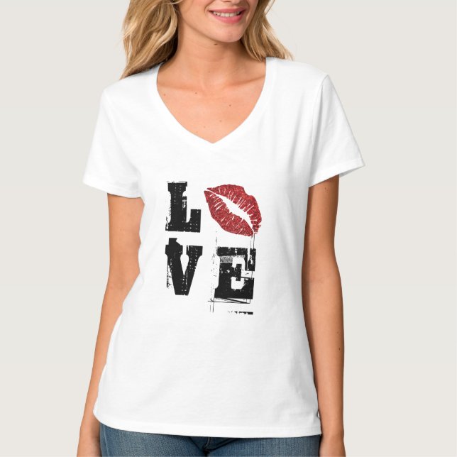 Playful Red Lips Stacked Love Valentine’s T-Shirt (Front)