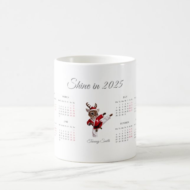 Playful Red Reindeer Custom 2025 Calendar  Coffee Mug (Center)