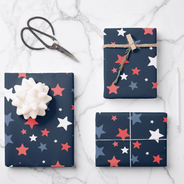 Playful Red White Blue Star Gift Wrap (Front)