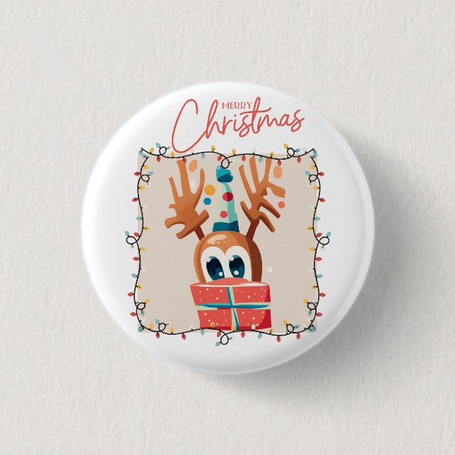 Playful Reindeer with Gift  Button (Front)