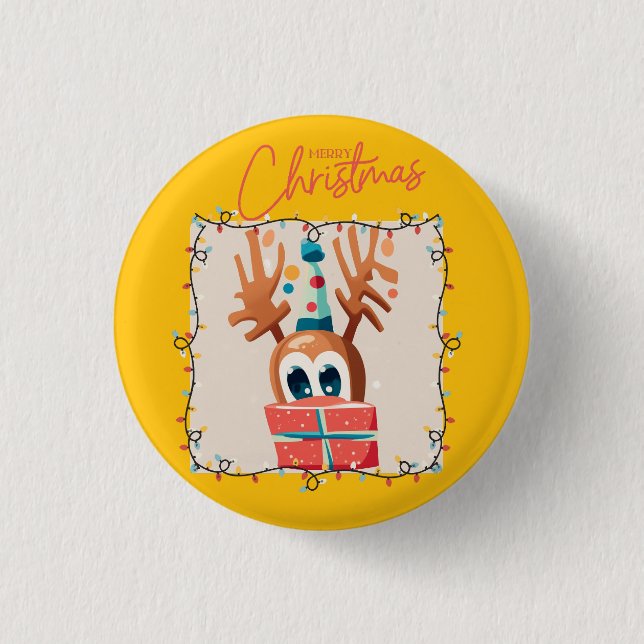 Playful Reindeer with Gift  Button (Front)