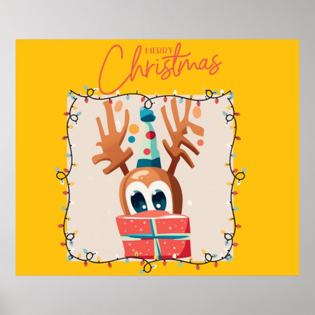 Playful Reindeer with Gift  Poster (Front)