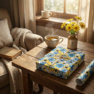 Playful Retro Floral Pattern, Soft Blue and Yellow Wrapping Paper