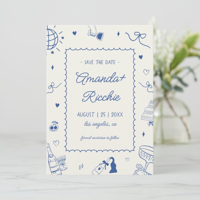 Playful Retro Hand Drawn Whimsical Doodle Wedding Save The Date (Standing Front)