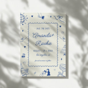 Playful Retro Hand Drawn Whimsical Doodle Wedding Save The Date