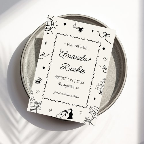 Playful Retro Hand Drawn Whimsical Doodle Wedding Save The Date