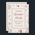 Playful Retro Hand Drawn Whimsical Doodle Wedding Save The Date<br><div class="desc">Celebrate your love with this Playful Retro Hand Drawn Whimsical Wedding Save the Date! Featuring a scribble sketch with funky bows, wavy frame, disco ball, cocktail, and wedding cake, this French vintage coquette aesthetic exudes boho-chic vibes. Personalize with a custom photo on the back and editable colors for a unique...</div>