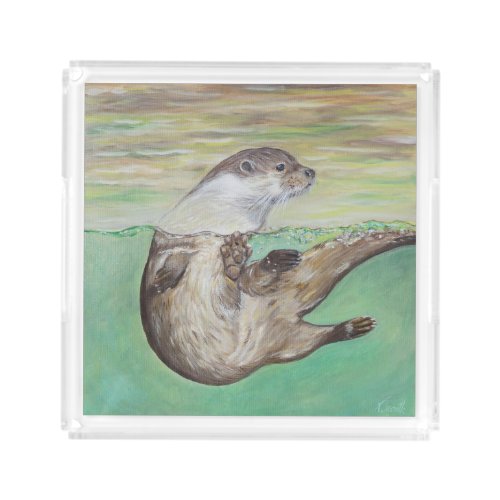 Playful River Otter Painting Acrylic Tray