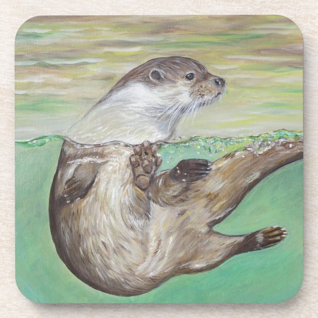 Playful River Otter Painting Beverage Coaster (Front)