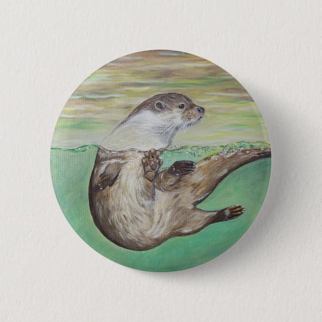 Playful River Otter Painting Button (Front)