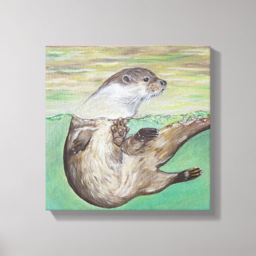 Playful River Otter Painting Canvas Print