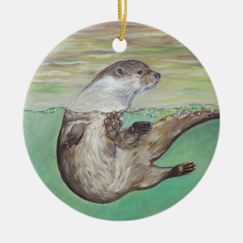 Playful River Otter Painting Ceramic Ornament