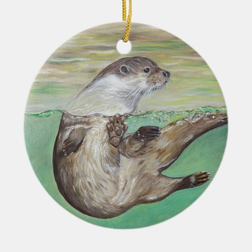Playful River Otter Painting Ceramic Ornament
