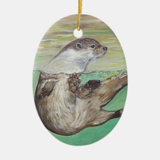 Playful River Otter Painting Ceramic Ornament (Front)