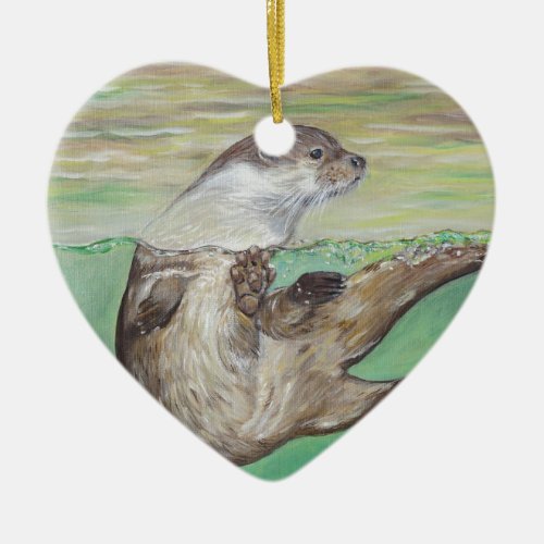 Playful River Otter Painting Ceramic Ornament