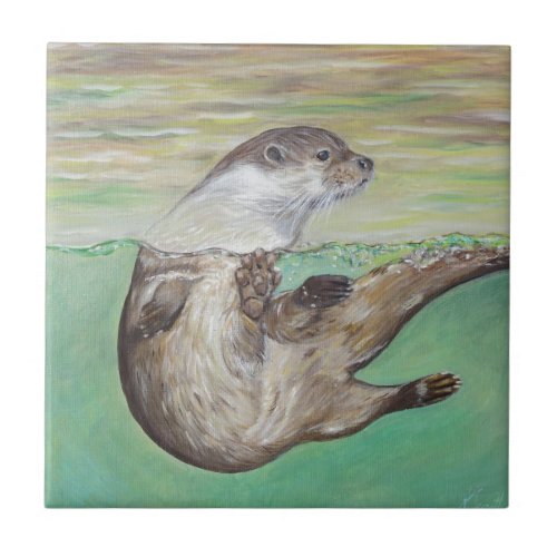 Playful River Otter Painting Ceramic Tile