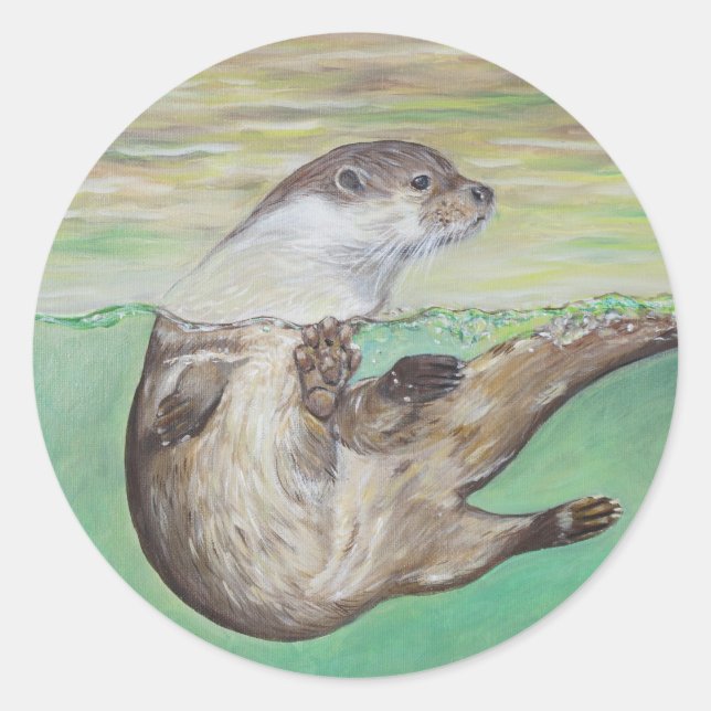 Playful River Otter Painting Classic Round Sticker (Front)
