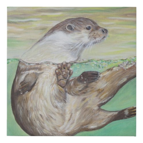 Playful River Otter Painting Faux Canvas Print