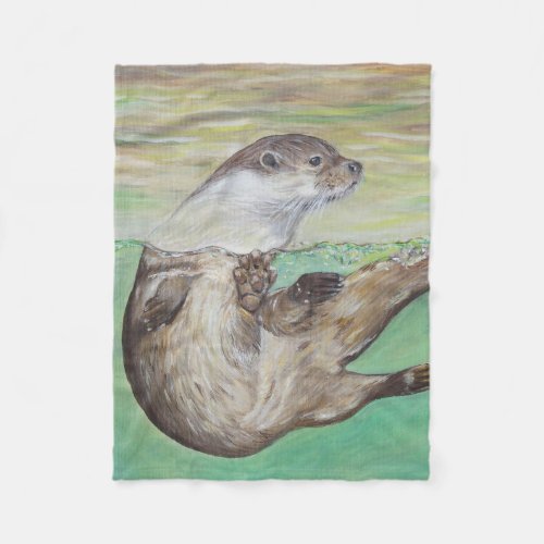 Playful River Otter Painting Fleece Blanket