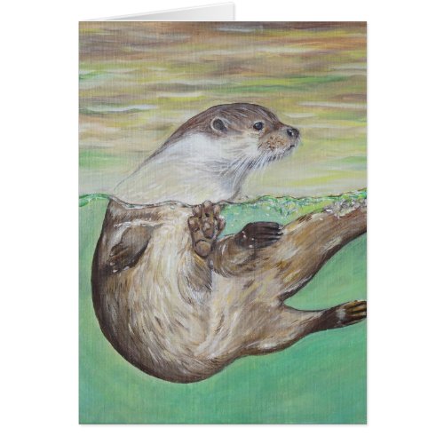 Playful River Otter Painting Greeting Card