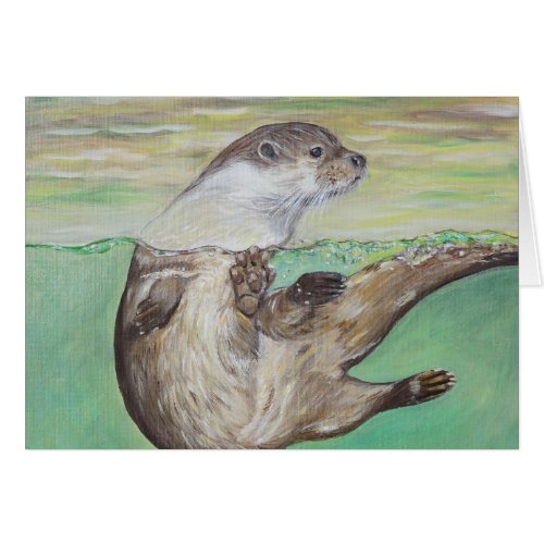 Playful River Otter Painting Greeting Card