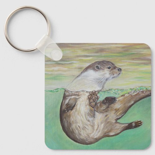 Playful River Otter Painting Keychain