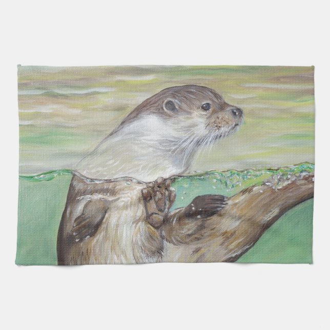 Playful River Otter Painting Kitchen Towel (Horizontal)