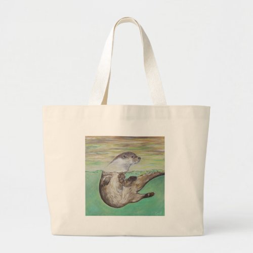 Playful River Otter Painting Large Tote Bag