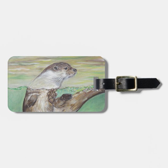 Playful River Otter Painting Luggage Tag (Front Horizontal)