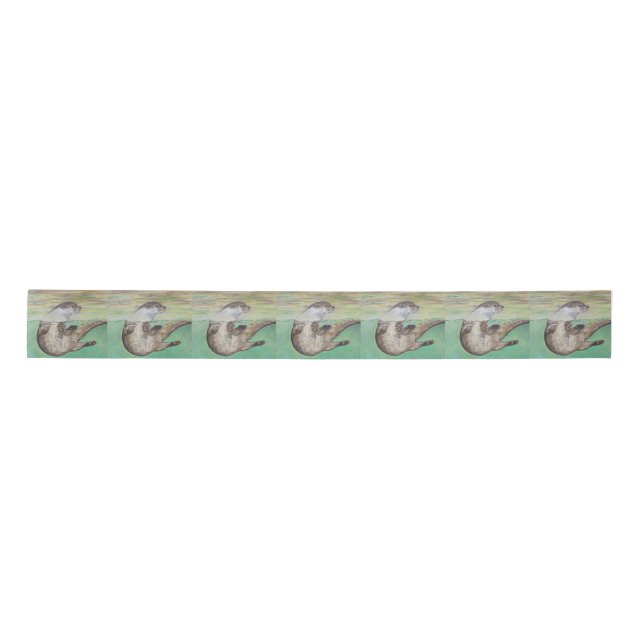 Playful River Otter Painting Satin Ribbon (Front)