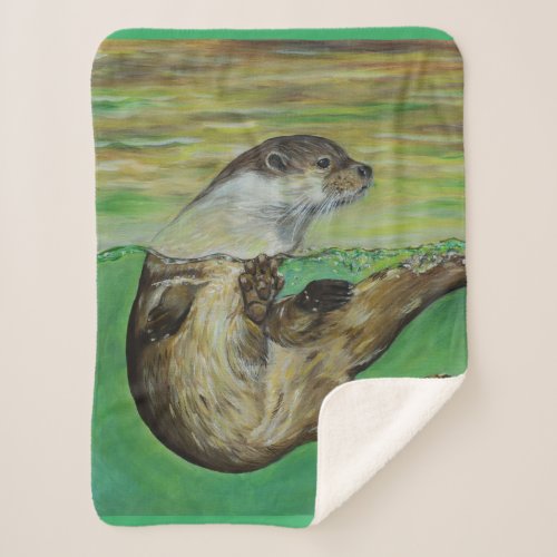 Playful River Otter Painting Sherpa Blanket