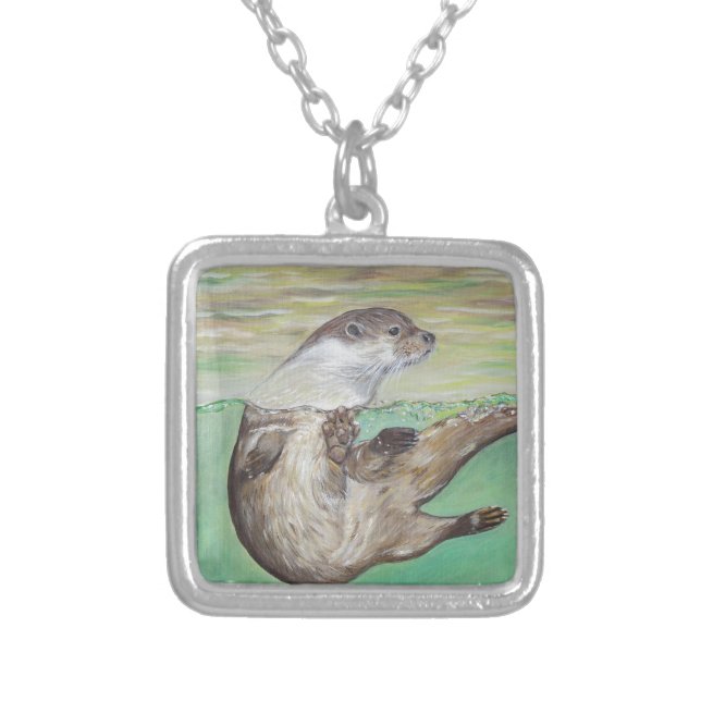 Playful River Otter Painting Silver Plated Necklace (Front)