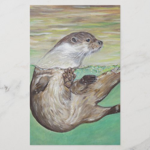 Playful River Otter Painting Stationery