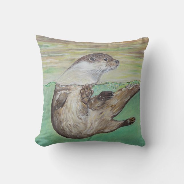 Playful River Otter Painting Throw Pillow (Front)