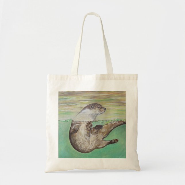 Playful River Otter Painting Tote Bag (Front)