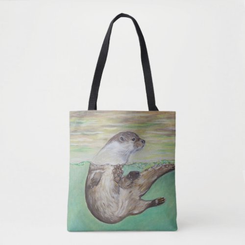 Playful River Otter Painting Tote Bag