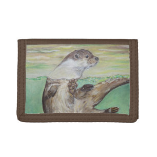 Playful River Otter Painting Tri-fold Wallet
