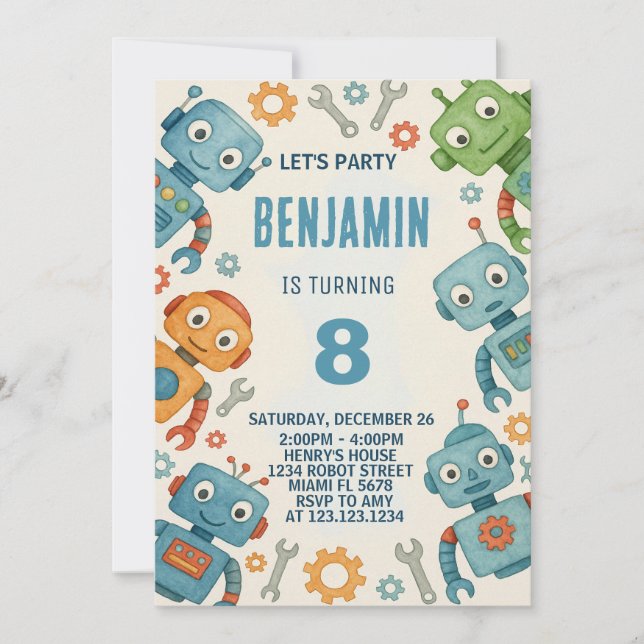 Playful Robot Birthday Invitation for Kids (Front)
