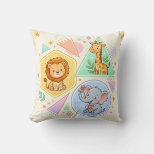 Playful Safari Animals Lion Elephant Giraffe Throw Pillow