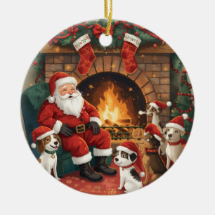 Playful Santa & Pets Christmas Ceramic Ornament