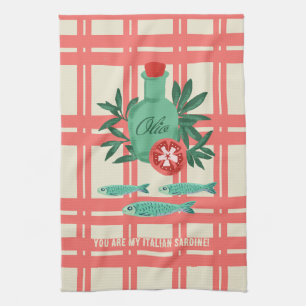 Playful Sardines Olive Oil Coral Kitchen Design Towel
