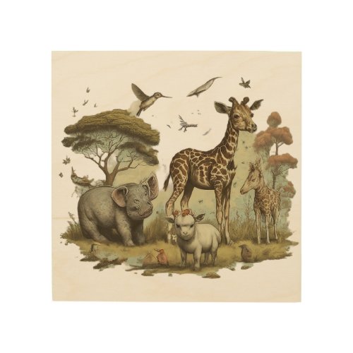 playful scene of a petting zoo with baby animals  wood wall art