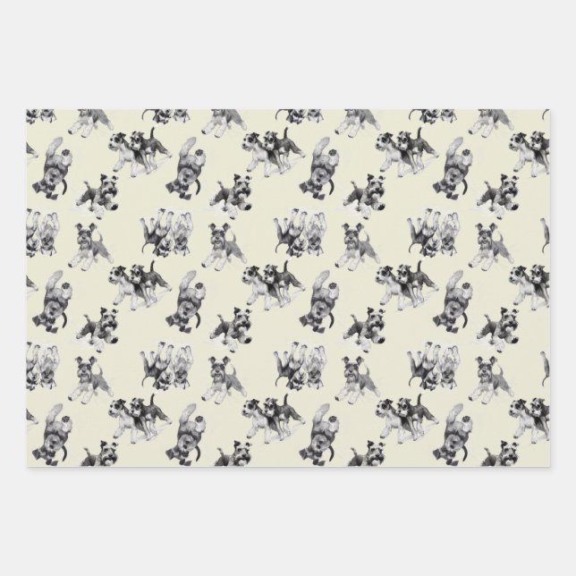 Playful Schnauzer Dog Pattern Wrapping Paper Sheets (Front)