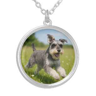 Playful Schnauzer Round Silver Plated Necklace