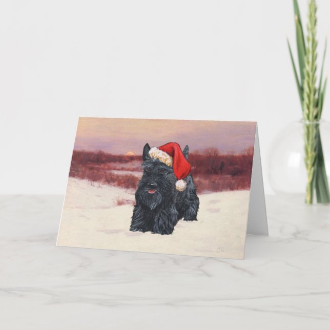 Playful Scottie Santa in Snow Holiday Card (Front)