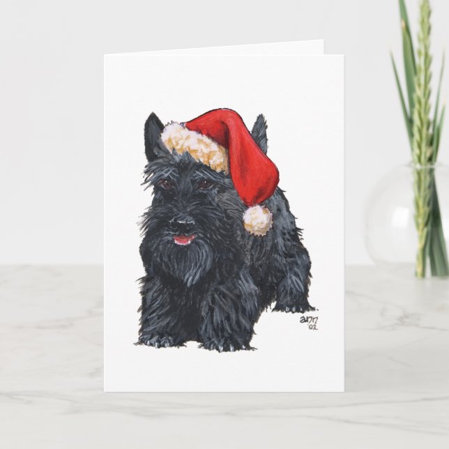 Playful Scottish Terrier Santa Holiday Card (Front)