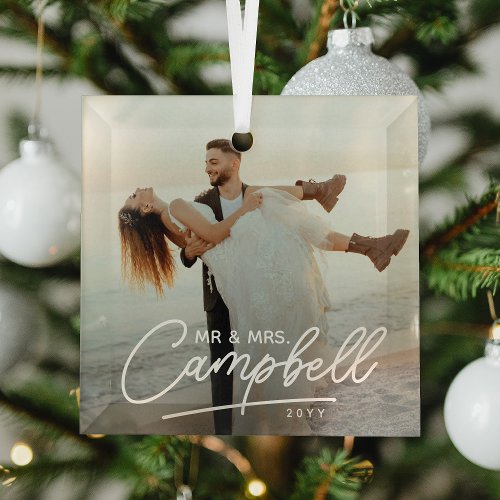 Playful Script Mr &amp; Mrs Newlywed Keepsake Glass Ornament